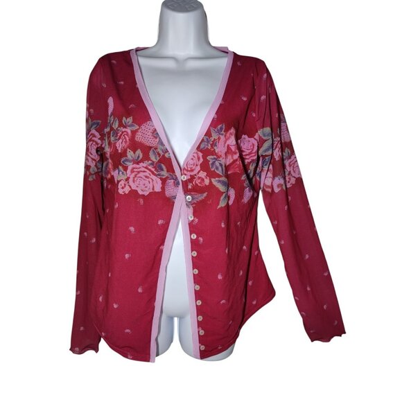 Free People Strawberry Floral Pink V-Neck Buttoned Long Sleeve Blouse Top L - Picture 1 of 7